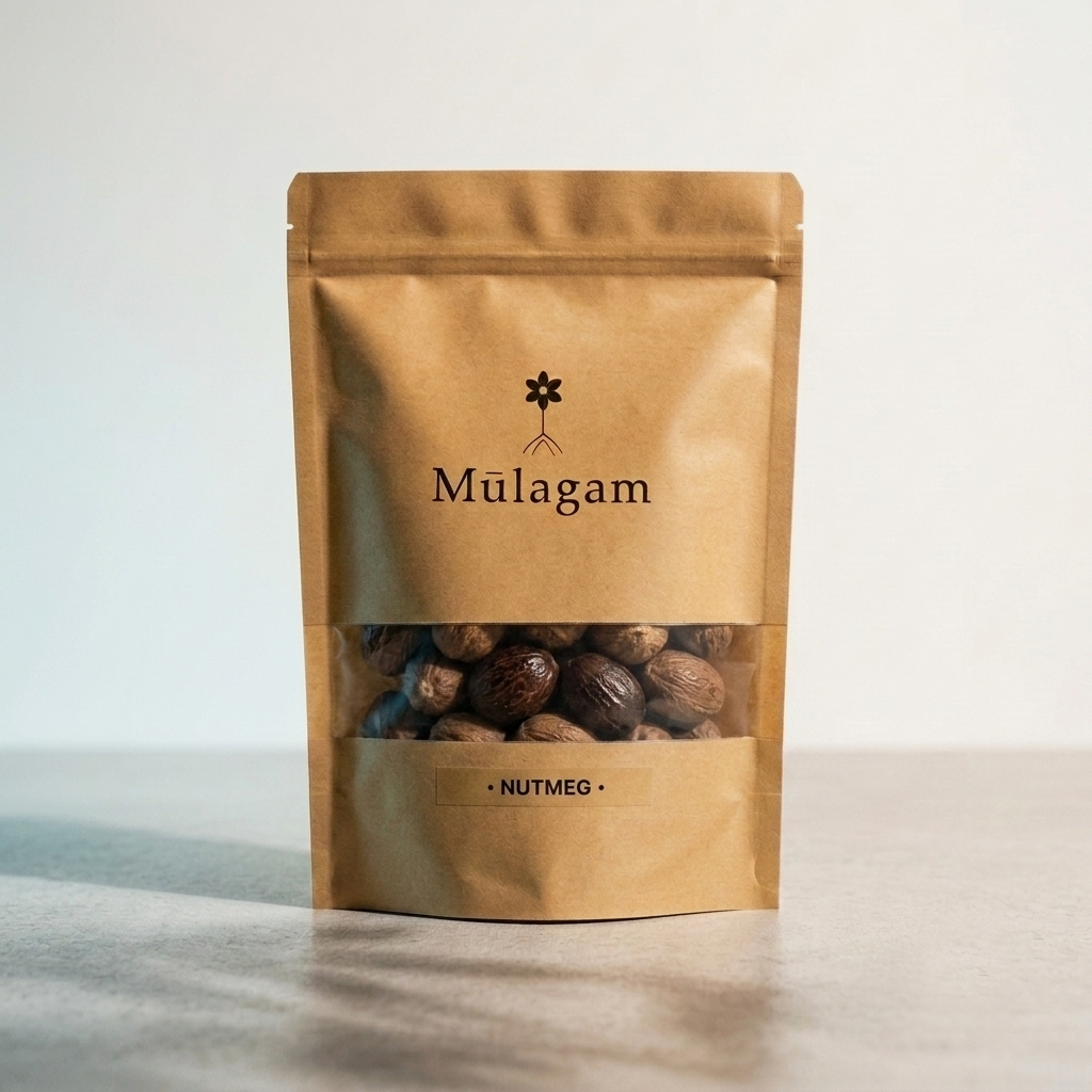 Mūlagam premium whole nutmeg kernels, dense and marbled Jaiphal from Kerala for fresh kitchen grating.